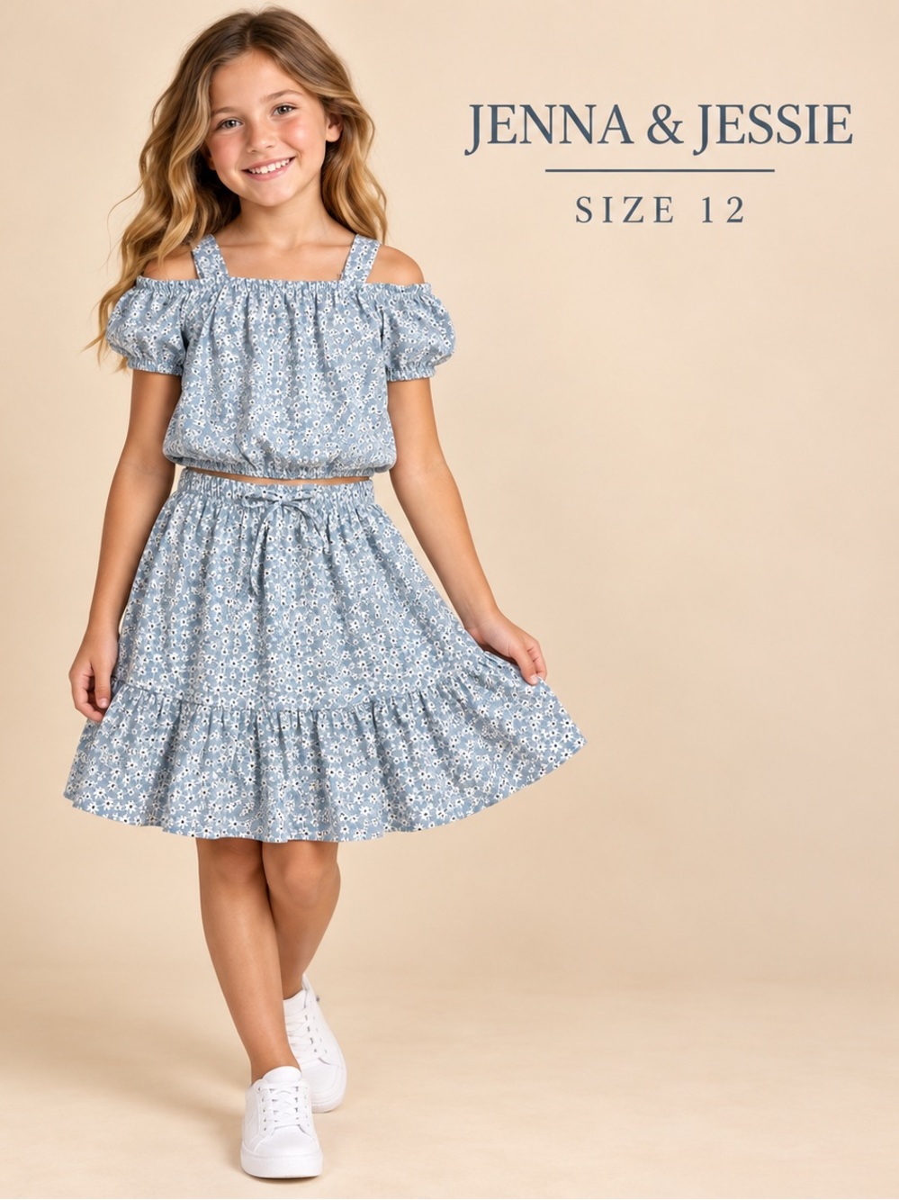 Jenna & Jessie Girls Size 12 Blue Floral 2-Piece Top & Ruffle Skirt Set
